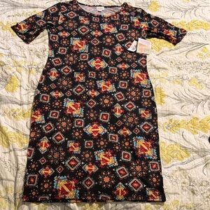 LuLaRoe Black Dress with Red, Orange & Turquoise Geometric Print